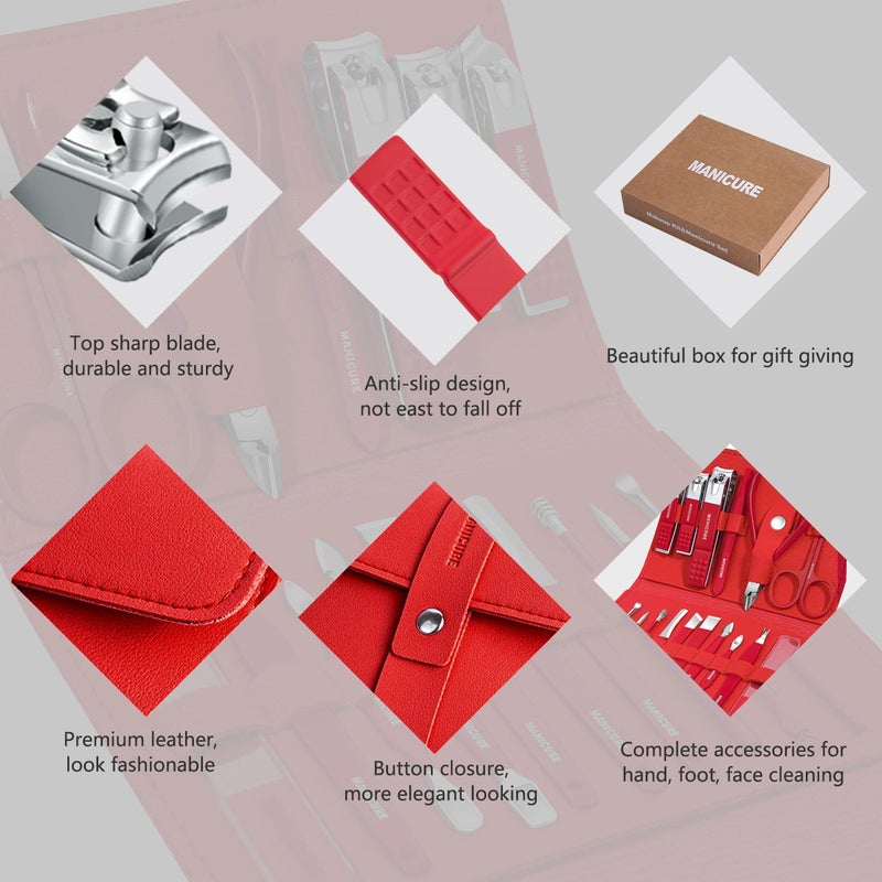 Leipple Manicure Set Professional Nail Clippers Pedicure Kit, 16 pcs Stainless Steel Nail Care Tools Grooming Kit with Luxurious Travel Leather Case for Thick Nails Men Women Gift (Red) - Image 5